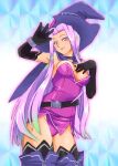  1girl alternate_costume breasts closed_mouth cosplay elbow_gloves gloves halloween_costume hat long_hair looking_at_viewer onnaski pointy_ears purple_hair seiken_densetsu seiken_densetsu_3 smile solo thigh-highs valda_(seiken_densetsu_3) violet_eyes 