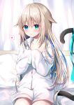 1girl absurdres bangs bed_sheet blonde_hair blue_eyes blue_hair blue_ribbon blush cat_tail closed_mouth collared_shirt commentary_request curtains dress_shirt eyebrows_visible_through_hair hair_between_eyes heart highres indie_virtual_youtuber long_hair long_sleeves looking_at_viewer multicolored_hair naked_shirt original pillow ribbon shirt sitting sleeves_past_fingers sleeves_past_wrists smile solo spoken_heart star_(symbol) tail tail_ornament tail_ribbon two-tone_hair uchuuneko uchuuneko_(vtuber) very_long_hair virtual_youtuber white_shirt 