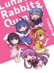  &gt;_&lt; 5girls ambiguous_red_liquid animal_ears arms_behind_head bangs barefoot black_hair blazer blonde_hair blue_dress blush breasts brown_headwear cabbie_hat carrot_necklace collared_shirt commentary_request dango dress earclip eating english_text finger_gun floppy_ears food grin hat inaba_tewi indian_style jacket light_blue_hair long_hair looking_at_viewer mallet medium_breasts medium_hair multiple_girls necktie open_mouth pink_dress pink_skirt pointing pointing_at_viewer purple_hair rabbit_ears rabbit_tail red_eyes red_neckwear reisen_(touhou_bougetsushou) reisen_udongein_inaba ribbon-trimmed_dress ringo_(touhou) seiran_(touhou) shirt short_hair short_sleeves sidelocks sitting skirt smile suit_jacket tail touhou triangle_mouth twitter_username unime_seaflower wagashi white_shirt wing_collar yellow_shirt 