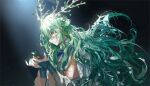  1girl ceres_fauna english_commentary flower gloves green_gloves green_hair green_nails hair_flower hair_ornament highres hololive hololive_english horns long_hair parted_lips quasarcake solo very_long_hair virtual_youtuber yellow_eyes 