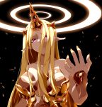  1girl armor blonde_hair bracelet breasts circlet collarbone commentary_request fingernails glowing glowing_eyes gold hair_over_one_eye halo hayabusa_aoi highres horns jewelry large_breasts long_hair looking_at_viewer nail_polish original pointy_ears sharp_fingernails signature single_horn solo very_long_hair violet_eyes 