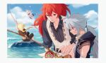  1girl 3boys aether_(genshin_impact) alternate_hairstyle arms_up bangs blonde_hair blurry blurry_background border braid closed_mouth clouds day diluc_(genshin_impact) fishing_rod genshin_impact grey_hair hair_ornament halo holding holding_fishing_rod hood hood_down long_hair multiple_boys ocean outdoors paimon_(genshin_impact) parted_lips ponytail razor_(genshin_impact) red_eyes redhead rock scar scar_on_arm scar_on_face shirt single_braid sitting sky sleeveless sui25jiyuu water white_hair 