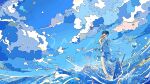  1girl blue_sky bubble clouds dress highres nara_lalana ocean original scenery short_hair sky water waves 