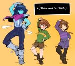  3others arm_up armor bangs black_bodysuit black_legwear blue_hair blush_stickers bodysuit boots brown_footwear brown_hair brown_shorts chara_(undertale) closed_eyes closed_mouth colored_skin dancing deltarune doppel_(bonnypir) english_text frisk_(undertale) gloves hair_over_eyes hand_on_hip highres kris_(deltarune) long_sleeves multiple_others pantyhose purple_shorts scarf shirt shorts simple_background smile striped striped_shirt undertale white_gloves yellow_background 