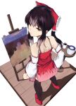  1girl bangs black_hair black_legwear bow brown_eyes closed_mouth coffee coffee_mug cookie_(touhou) crop_top cup detached_sleeves expressionless eyebrows_visible_through_hair full_body hair_between_eyes hair_bow hakurei_reimu highres long_hair looking_at_viewer looking_back mug painting_(object) red_bow red_footwear red_shirt red_skirt rizeass shirt shoes sidelocks skirt solo standing symbol-only_commentary thigh-highs touhou white_background white_sleeves wooden_floor yuyusu_(cookie) 