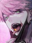  1boy earrings eyelashes green_eyes jewelry lcu_ivv long_hair looking_at_viewer male_focus mask mask_pull mouth_mask open_mouth pill pink_background pink_hair portrait sanzu_haruchiyo scar scar_on_face solo tokyo_revengers tongue tongue_out 