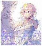  1boy 1girl :o alternate_costume bangs blue_dress blush breasts closed_mouth collarbone commentary crown dress epaulettes eye_contact eyebrows_visible_through_hair fate/grand_order fate_(series) flower formal fujimaru_ritsuka_(male) hair_between_eyes height_difference light_purple_hair looking_at_another mash_kyrielight medium_breasts mini_crown partially_colored puffy_short_sleeves puffy_sleeves purple_flower short_hair short_sleeves smile upper_body violet_eyes wani_(mezo) white_background wrist_cuffs 