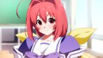  1girl ahoge blurry blurry_background blush bow classroom closed_mouth eyebrows_visible_through_hair hair_intakes hakuryou_high_school_uniform indoors kagami_sumika large_bow light_smile long_hair looking_at_viewer muvluv red_eyes redhead rom_(20) school_uniform smile solo upper_body 