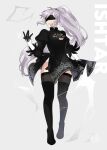  1girl absurdres alternate_costume artist_name blindfold boots cosplay fire_emblem fire_emblem:_genealogy_of_the_holy_war gloves hair_ornament hand_up highres ishtar_(fire_emblem) jewelry long_hair looking_at_viewer nier_(series) nier_automata open_mouth ponytail purple_hair simple_background solo thigh-highs violet_eyes watermark yorha_no._2_type_b 