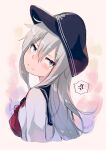  1girl anchor_symbol anger_vein black_headwear black_sailor_collar blue_eyes eyebrows_visible_through_hair flat_cap hair_between_eyes hat hibiki_(kancolle) highres kantai_collection long_hair long_sleeves neckerchief red_neckwear sailor_collar school_uniform serafuku silver_hair solo spoken_anger_vein taisho_(gumiyuki) 