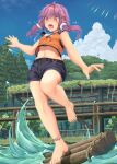  1girl anklet barefoot blush bridge clouds cloudy_sky denim denim_shorts falling forest highres jewelry moss nature navel open_mouth outdors pink_eyes purple_hair ruuto25 shorts sky tank_top tears voiceroid water yuzuki_yukari 