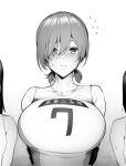  1girl blush breasts collarbone eyebrows_behind_hair greyscale hair_ornament hairclip highres large_breasts looking_at_viewer low_twintails monochrome original short_hair short_twintails sian solo_focus sportswear sweat twintails upper_body volleyball_uniform 