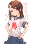  1girl bangs blue_sailor_collar blue_skirt blush brown_eyes brown_hair eyebrows_visible_through_hair goldowl grin hair_ornament hairclip hands_on_hips highres karakai_jouzu_no_takagi-san long_hair looking_at_viewer neckerchief pleated_skirt red_neckwear sailor_collar shirt short_sleeves simple_background skirt smile solo takagi-san translation_request white_background white_shirt 