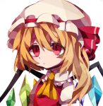  1girl ascot bangs blonde_hair crystal flandre_scarlet hat hat_ribbon long_hair mob_cap one_side_up red_eyes red_ribbon red_vest ribbon shirt short_sleeves simple_background solo soresaki touhou upper_body vest white_background white_headwear white_shirt wings yellow_neckwear 