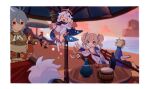  2girls 4boys aether_(genshin_impact) albedo_(genshin_impact) bangs barbara_(genshin_impact) barbara_(summertime_sparkle)_(genshin_impact) beach beach_umbrella beer_mug blonde_hair blue_eyes blurry blurry_background border bottle chair closed_eyes closed_mouth cup detached_sleeves diluc_(genshin_impact) dress drill_hair evening food genshin_impact gloves grey_hair halo long_hair mug multiple_boys multiple_girls open_mouth outdoors paimon_(genshin_impact) partially_fingerless_gloves razor_(genshin_impact) red_eyes scar scar_on_face shirt shorts sitting skewer smile squatting standing sui25jiyuu table twin_drills twintails umbrella v white_dress white_hair 