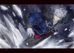  1boy ascot bangs black_border black_pants blue_coat border closed_mouth coat coat_on_shoulders feet_out_of_frame frown fur_coat grey_hair highres ice legs_apart long_sleeves male_focus melty_blood pants qitoli red_eyes red_sash sash short_hair silver_hair sleeve_cuffs solo_focus standing tsukihime tsukihime_(remake) tsurime vlov_arkhangel white_neckwear 