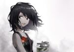  1girl anita_(arknights) arknights bare_shoulders black_dress black_eyes black_hair chinese_commentary commentary_request dress five-fall flower highres holding holding_jar jar lapel_flower lapel_pin looking_to_the_side medium_hair messy_hair open_mouth red_flower solo white_background 