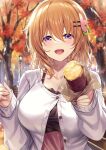  1girl alternate_costume autumn_leaves blush breasts buttons cardigan collarbone food gochuumon_wa_usagi_desu_ka? hair_ornament hairclip highres holding holding_food hoto_cocoa large_breasts long_sleeves looking_at_viewer maple_tree orange_hair short_hair solo sweet_potato tree upper_body violet_eyes white_cardigan xephyrks 