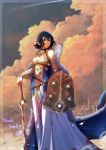  1girl bare_shoulders blood blood_stain blue_cape blue_eyes blue_hair bracelet building cape cloak clouds cloudy_sky dress english_text fire_emblem fire_emblem_awakening fur_trim glint highres holding holding_shield holding_sword holding_weapon instagram_username jewelry krishna_artly morgan_(fire_emblem) morgan_(fire_emblem)_(female) outdoors shield short_hair sidelocks sky solo star_(sky) sword tower weapon 