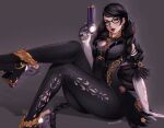  1girl absurdres artist_name bayonetta bayonetta_(series) bayonetta_3 black_hair blue_eyes braid breasts earrings elbow_gloves flower full_body glasses gloves grey_background gun hair_flower hair_ornament high_heels highres holding holding_gun holding_weapon jewelry lipstick long_hair looking_at_viewer makeup mature_female medium_breasts mole mole_under_mouth multiple_braids nyiccco puffy_short_sleeves puffy_sleeves short_sleeves sitting solo trigger_discipline very_long_hair weapon white_gloves 