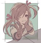  1boy brown_hair gloves granblue_fantasy lamorak_(granblue_fantasy) long_hair male_focus ncn828 one_eye_closed red_eyes ribbon smile solo twintails younger 