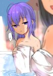  +++ 2girls :d ahoge bangs black_hair blurry blurry_foreground breast_envy character_request depth_of_field eyebrows_visible_through_hair goldowl hair_between_eyes head_out_of_frame highres long_hair multiple_girls mushoku_tensei naked_towel parted_lips partially_submerged purple_hair roxy_migurdia smile solo_focus towel violet_eyes water wet 