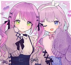  2girls bangs black_bow black_skirt blue_eyes blue_skirt blush bow cardigan character_name collared_shirt eyebrows_visible_through_hair grey_sweater hair_behind_ear head_tilt heart high-waist_skirt hololive leaning_to_the_side multiple_girls nijisanji nijisanji_kr nini_niniko nun_bora one_eye_closed pink_shirt purple_cardigan purple_hair shirt shirt_tucked_in short_hair skirt sleeves_past_fingers sleeves_past_wrists smile sweater tokoyami_towa twintails virtual_youtuber white_shirt 