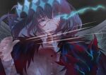  1boy absurdres arthropod_boy bangs blood blood_on_clothes blood_on_face blue_eyes cape commentary_request crown dark_background diamond_hairband fate/grand_order fate_(series) fur-trimmed_cape fur_trim grey_hair highres insect_wings long_sleeves looking_at_viewer mumei_(meiime_) oberon_(fate) open_mouth partial_commentary shirt short_hair solo teeth upper_body white_shirt wings 