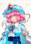 1girl :d blue_headwear blue_kimono blue_neckwear blue_ribbon breasts eyebrows_visible_through_hair frills hat japanese_clothes kimono long_sleeves looking_at_viewer medium_breasts mob_cap neck_ribbon open_mouth pink_eyes pink_hair qqqrinkappp ribbon saigyouji_yuyuko short_hair smile solo touhou traditional_media triangular_headpiece upper_body white_background wide_sleeves 
