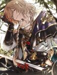  1boy braid brown_hair ear_piercing food fruit gloves granblue_fantasy holding holding_weapon jewelry lamorak_(granblue_fantasy) long_hair male_focus nature piercing red_eyes sitting smile solo strawberry suou vial weapon 
