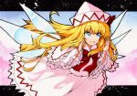  1girl :d blonde_hair blue_eyes bow bowtie dress eyebrows_visible_through_hair frilled_sleeves frills hat hat_bow lily_white long_hair long_sleeves open_mouth qqqrinkappp red_bow red_bowtie red_neckwear smile solo touhou traditional_media very_long_hair white_dress white_headwear wide_sleeves 