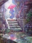  1girl bag dress junpei_(juntonanotukunanika) leaf original plant rain scenery stairs umbrella walking 