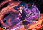  1girl armor axe back black_dress blue_hair cowboy_shot dress fire fire_emblem fire_emblem_awakening fire_emblem_heroes highres holding holding_axe hood hood_down krishna_artly light long_sleeves looking_at_viewer morgan_(fire_emblem) morgan_(fire_emblem)_(female) short_hair sidelocks violet_eyes 