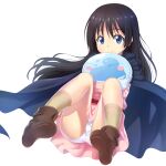  1girl black_hair blue_cloak blue_eyes blush_stickers boots brown_footwear brown_legwear chloe_aubert cloak closed_mouth commentary_request dbmaster dress full_body highres knees_up long_hair panties pink_dress rimuru_tempest shoe_soles simple_background smile socks tensei_shitara_slime_datta_ken underwear very_long_hair white_background white_panties 