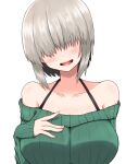  1girl :d bare_shoulders blush breasts collarbone facing_viewer fang hair_over_eyes halterneck head_tilt large_breasts long_sleeves now-in-talowworld off-shoulder_sweater off_shoulder open_mouth ribbed_sweater short_hair silver_hair sleeves_past_wrists smile solo sweater upper_body uzaki-chan_wa_asobitai! uzaki_yanagi white_background 