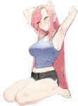  1girl armpits arms_up asymmetrical_bangs bangs barefoot black_shorts blue_tank_top blush breasts closed_eyes closed_mouth full_body highres large_breasts long_hair original pink_hair short_shorts shorts sideboob simple_background sitting solo stretch suisogenshi tank_top very_long_hair white_background 