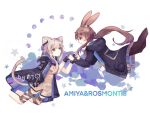  2girls amiya_(arknights) animal_ears arknights bangs blue_eyes brown_hair cat_ears cat_girl cat_tail chinese_commentary cloak closed_mouth dress earpiece eyebrows_visible_through_hair fingerless_gloves gloves green_eyes highres hood hood_down hooded_cloak hooded_jacket interlocked_fingers jacket jewelry long_hair long_sleeves looking_at_another low_ponytail multiple_girls pantyhose rabbit_ears rabbit_girl ring rosmontis_(arknights) short_dress silver_hair tail thigh_strap white_dress yue7914876 