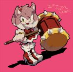  1girl :d amy_rose aoki_(fumomo) boots claws dress fangs full_body furry furry_female green_eyes hairband hammer high_heel_boots high_heels holding holding_hammer pink_background red_dress red_hairband simple_background smile solo sonic_(series) sonic_world_adventure spikes standing translation_request 