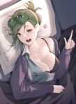  1girl absurdres artist_name bed black_bra black_shirt blanket blush bra breasts collarbone da_souls eyebrows_visible_through_hair green_eyes green_hair green_shirt hair_bun highres idolmaster idolmaster_shiny_colors index_finger_raised large_breasts long_hair long_sleeves looking_at_viewer lying nanakusa_hazuki on_back on_bed open_clothes open_mouth open_shirt pajamas pepe_the_frog pillow shirt sleep_mask sleepy solo teeth under_covers underwear upper_teeth 