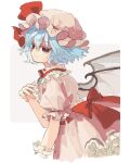  1girl bangs bat_wings blue_hair bow closed_mouth commentary_request dress from_side hand_up hat hat_ribbon ka_(marukogedago) mob_cap pink_dress pink_headwear red_bow red_eyes red_ribbon remilia_scarlet ribbon short_hair short_sleeves solo touhou upper_body white_background wings wrist_cuffs 