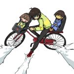  3others akira akira_slide antenna_hair bangs bicycle bicycle_basket black_pants blue_sweater blush_stickers brown_hair chara_(undertale) child_safety_seat colored_skin deltarune expressionless frisk_(undertale) green_sweater ground_vehicle highres kinuko21b kris_(deltarune) long_sleeves multiple_others pants red_footwear shaded_face shoes short_hair simple_background smile sneakers striped striped_sweater sweater undertale white_background yellow_skin |_| 