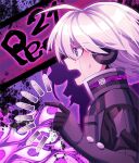  1boy android bangs black_jacket bullet cheer_(cheerkitty14) commentary danganronpa_(series) danganronpa_v3:_killing_harmony extra_eyes floating floating_object green_eyes grey_hair hand_up headphones highres jacket keebo long_sleeves ouma_kokichi pink_background power_armor profile purple_background shadow shiny shiny_hair short_hair solo sweat upper_body 