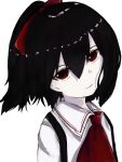  1girl absurdres bangs black_hair bow closed_mouth collared_shirt colored_skin commentary cookie_(touhou) hair_between_eyes hair_bow head_tilt highres looking_at_viewer medium_hair ponytail red_ascot red_bow red_eyes shirt simple_background siyudi_(cookie) smile solo stl_(dpb_v) suspenders upper_body white_background white_shirt white_skin 