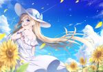  1girl absurdres aqua_eyes back bangs blonde_hair blue_sky breasts clouds commentary_request day dress eyebrows_visible_through_hair flower frilled_dress frills hand_in_hair hat highres long_hair looking_at_viewer looking_to_the_side medium_breasts original outdoors petals shoulder_blades sideboob sidelocks sky smile solo standing summer sun_hat sundress sunflower takemura_kou white_dress white_headwear 