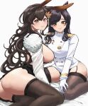  2girls absurdres amanium1 animal_ears ass atago_(azur_lane) azur_lane black_garter_straps black_hair black_skirt breasts brown_hair brown_legwear chikuma_(azur_lane) donkey_ears garter_straps gloves highres jacket long_hair looking_at_viewer miniskirt multiple_girls orange_eyes pleated_skirt sideboob skirt solo thigh-highs white_gloves white_jacket 