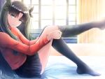  1girl backlighting black_hair black_legwear black_ribbon black_skirt expressionless fate/stay_night fate_(series) hair_ribbon highres long_hair on_bed red_sweater ribbon rongvuong sitting sitting_on_bed skirt sweater thigh-highs thighhighs_pull thighs toe-point tohsaka_rin turtleneck twintails two_side_up window 