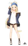  1girl :&lt; absurdres ahoge animal_ear_fluff animal_ears bare_shoulders bike_shorts black_legwear black_shorts blonde_hair blue_eyes blue_jacket blush cat_ears cat_girl cat_tail closed_mouth collarbone coreytaiyo dated drawing_tablet forehead full_body hands_up highres holding holding_stylus jacket long_hair looking_at_viewer off_shoulder open_clothes open_jacket original shoes short_shorts shorts signature simple_background socks solo standing stylus tail tank_top translation_request very_long_hair white_background white_footwear white_tank_top 