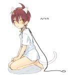  1boy ahoge animal_ears bangs barefoot bell cat_boy cat_ears cat_tail closed_mouth collar hair_between_eyes leash looking_at_viewer male_focus neck_bell original pillow_(nutsfool) redhead shirt short_sleeves simple_background sitting solo spiky_hair tail white_background white_collar white_shirt yellow_eyes 