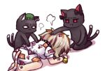  :3 animal_ears bell black_wristband brown_hair cat_ears cat_tail chen chen_(cat) commentary_request earrings goutokuji_mike green_headwear hand_on_another&#039;s_head jewelry jingle_bell kaenbyou_rin kaenbyou_rin_(cat) kneeling multicolored_hair multiple_tails nekomata one-hour_drawing_challenge orange_hair patchwork_clothes paw_print puffy_short_sleeves puffy_sleeves red_eyes short_hair short_shorts short_sleeves shorts simple_background single_earring solid_oval_eyes streaked_hair tail touhou two_tails unime_seaflower white_background white_hair 