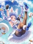  &gt;_&lt; 1girl :d animal_ears arm_up armpits black_gloves black_leotard blue_sky bow braid breasts brown_legwear carrot_hair_ornament clouds commentary_request day detached_sleeves don-chan_(usada_pekora) dress falling floating_hair food-themed_hair_ornament from_below full_body fur_scarf gloves hair_bow hair_ornament hand_up hololive kubota_masaki leotard leotard_under_clothes long_hair looking_at_viewer nousagi_(usada_pekora) pantyhose puffy_short_sleeves puffy_sleeves rabbit_ears red_eyes shoes short_eyebrows short_sleeves sky small_breasts smile teeth thick_eyebrows thigh_strap twin_braids twintails upper_teeth usada_pekora virtual_youtuber white_bow white_dress white_footwear xd 